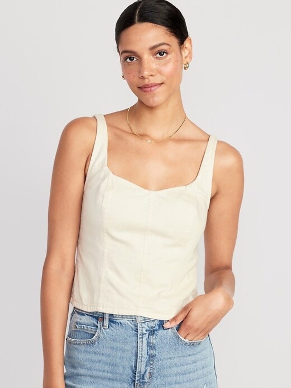 100% Cotton Fitted Cropped Corset Cami Top in Ecru - Old Navy